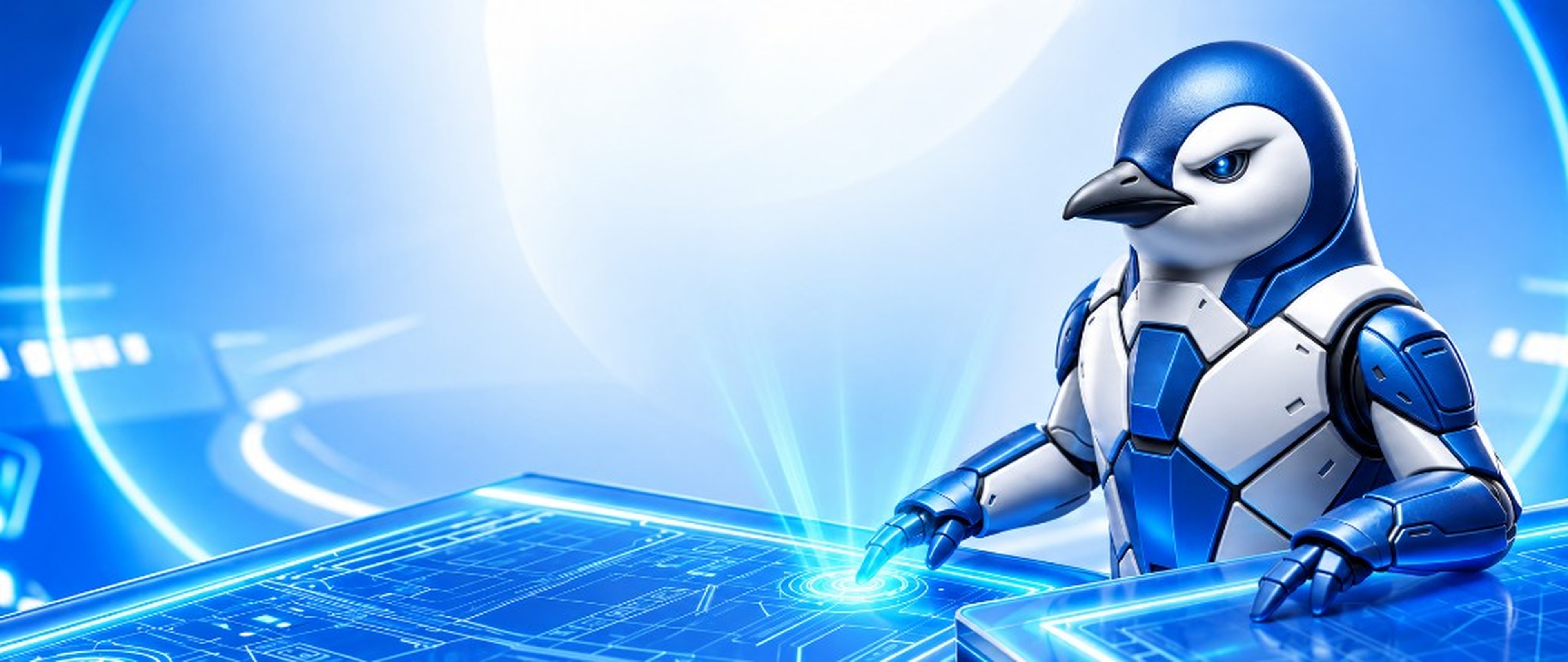 Luda AI penguin working at a holographic console